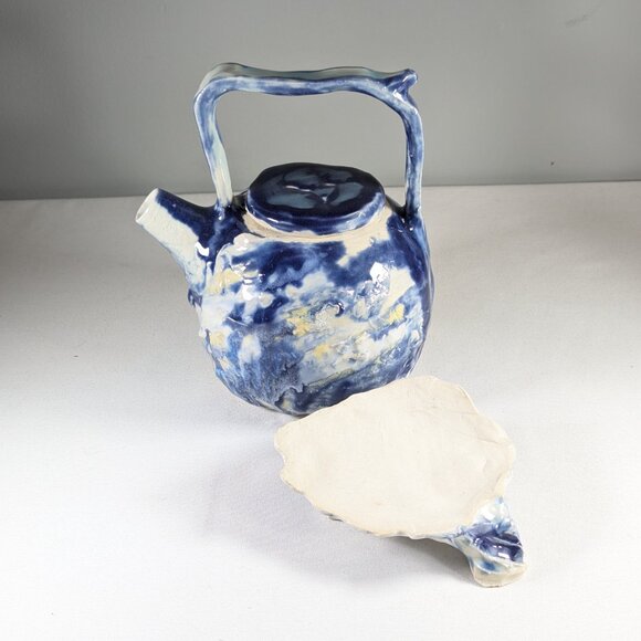 Sassy handmade teapot on stand, hand built ceramic tea pot summer clouds - Picture 8 of 15